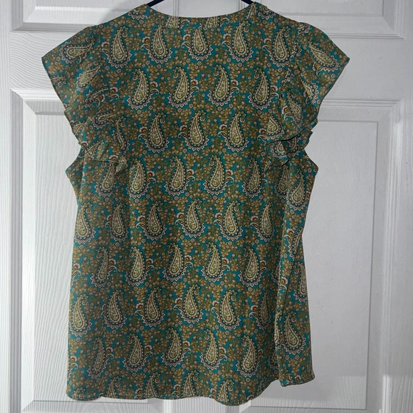 DR2 Women's Large Green Paisley Print Ruffle Cap Sleeve Blouse Modest Boho Motif - Picture 3 of 7